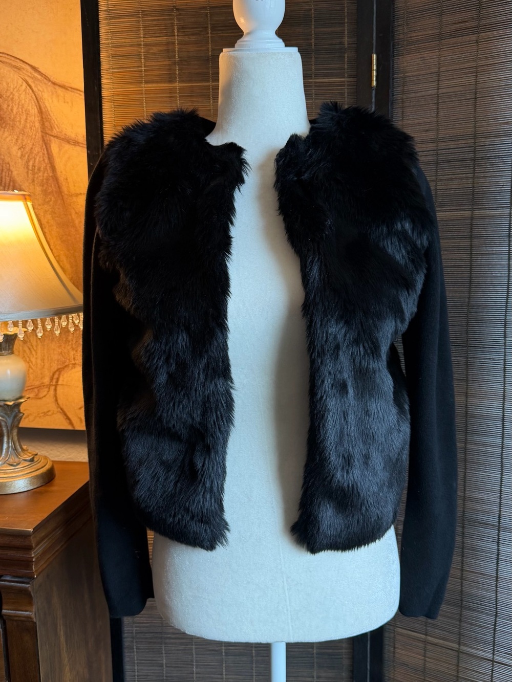 Banana Republic XS Black Faux Fur Cardigan 100% Cotton Knit Open Front